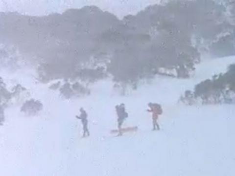 Three skiers caught in a blizzard.