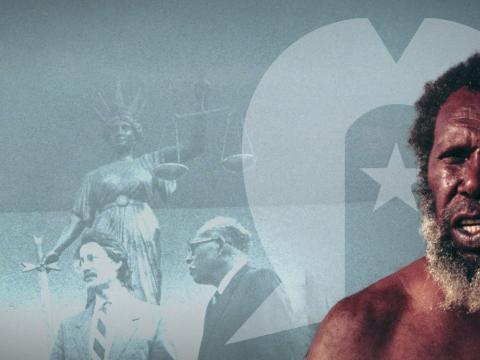 A graphic image with a photograph of Eddie Mabo with the Torres Strait Islander flag and an image of Eddie Mabo and others at the high court of Australia.