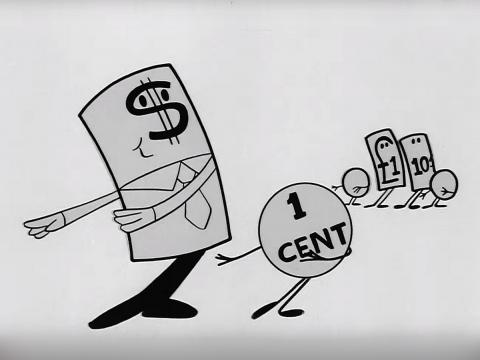 Animation still of a dollar bill and 1 cent coin, with pounds and shillings in the background.