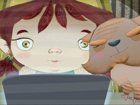 Animation still of a young girl's face and her dog