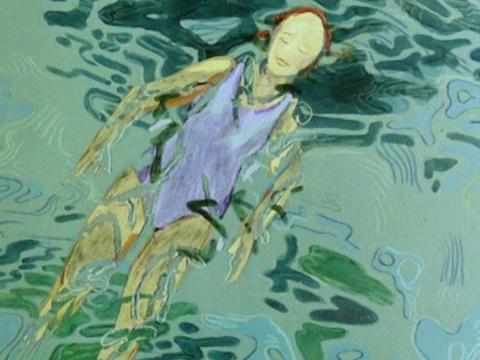 Animation still of an overhead view of a woman floating in the water.