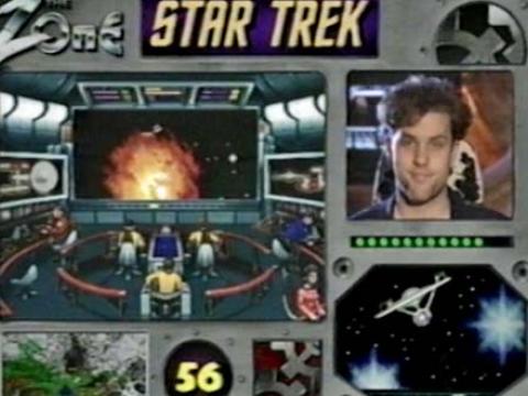 Grahpic of computer game screen with the words 'Star Trek' and a young man's face in the top right corner.