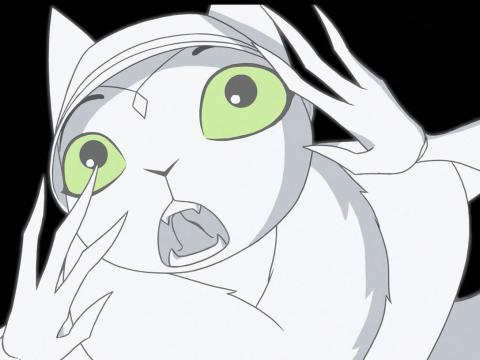 Animation still of a white cat looking terrified
