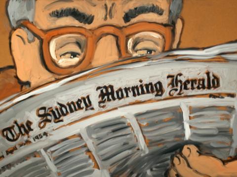 Animation still of a man reading The Sydney Morning Herald newspaper.