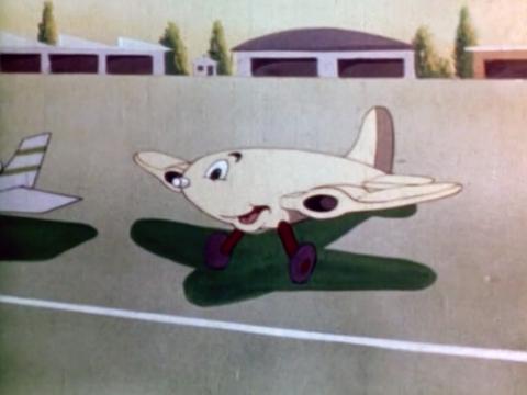 A shot from an animated commercial showing a small anthropomorphised aeroplane with big eyes and a smiling face.