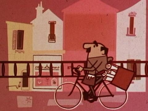 A shot from an animated commercial showing a man riding a bicycle and holding a ladder under one arm.