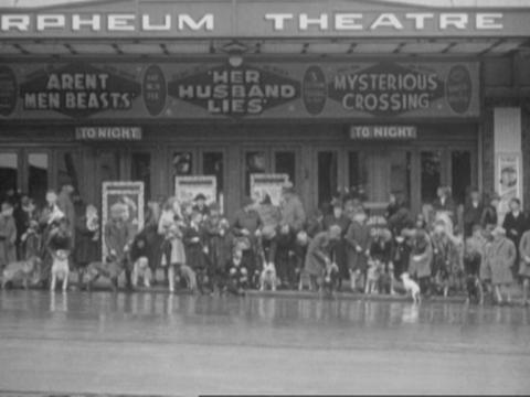 A long line of children with their dogs stand outside the Orpheum Theatre in North Sydney in 1936