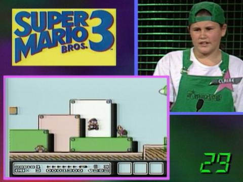 Teenage boy wearing green overalls and baseball cap inset into a screenshot of a computer game and game title, Super Mario Bros 3.