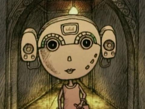 Animation still of a mechanical looking female robot.