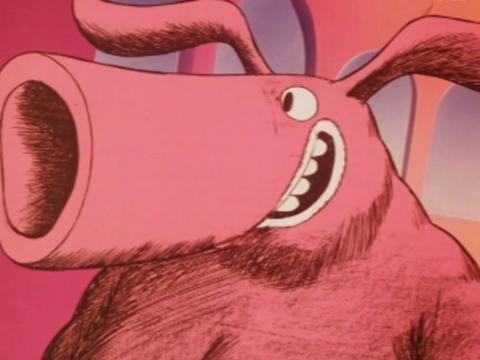 Animation still of a grinning anthropomorphic pink pig.