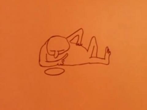 Drawing of a reclining figure on an orange background.