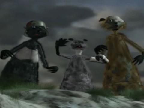 Animation still of three anthropomorphic rat-like creatures.
