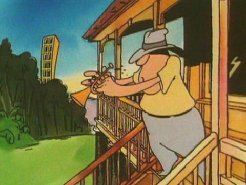 Animation still of a country man playing a trumpet on the steps to his house.