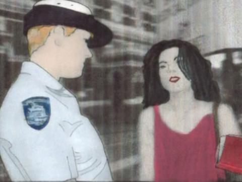 Animation still of a female police officer with a woman in a red top.