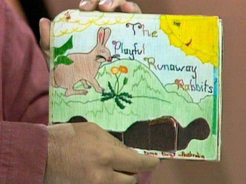 Close up of the front page of an illustration children's book showing a rabbit on a hill in the sunshine. The book was made by a young viewer of Simon Townsend's Wonder World TV show. 