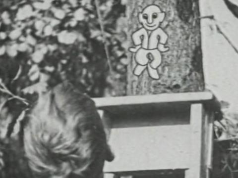 A child looks up a ladder resting against a tree. At the top is a simple cartoon man.