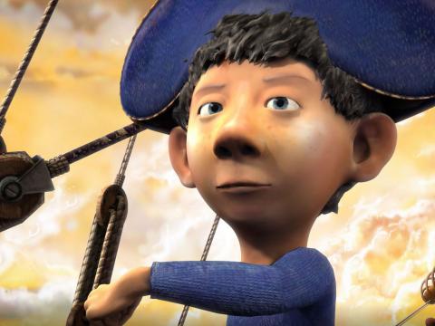 Animation still of a young boy wearing sailing a boat