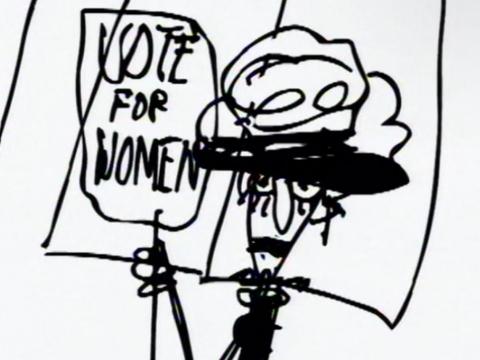 Simply black line drawing of a woman holding a sign that reads, 'Vote for Women'.