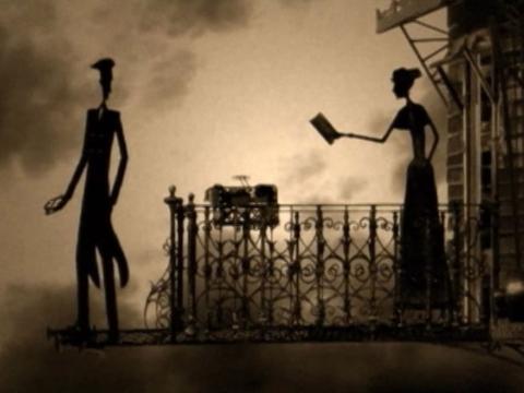 Animation still of a man and woman in silhoette. The woman tries to hand the man a book.