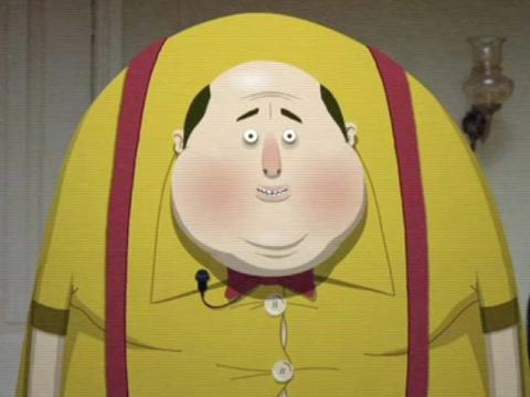 Cartoon image of a very large and gormless looking man