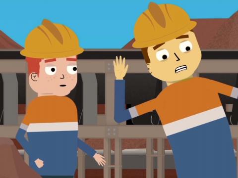 Two cartoon characters wearing hard hats on a mining site