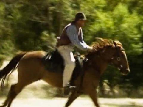 A man on horseback racing through the countryside