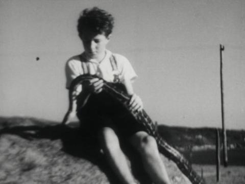 A young boy holds a snake in his hands