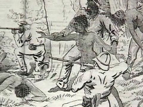 Cartoon drawing showing Aboriginal people being shot by white colonials 