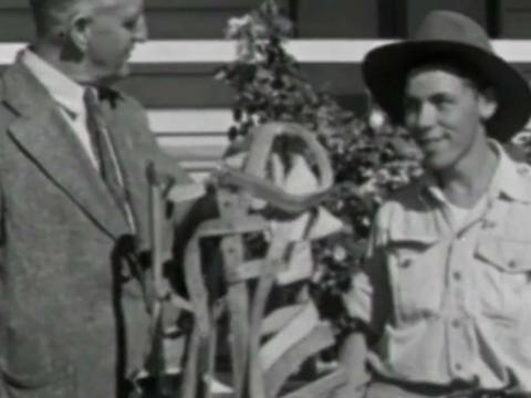Older man and teenage boy pictured at Westbrook Farm home for boys, circa 1950