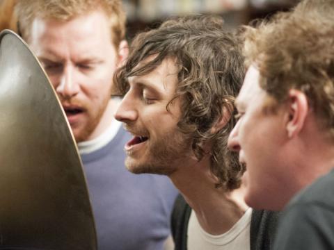 Wally De Backer, Tim Heath, Kris Schroeder from the band The Basics recording a wax cylinder version of their song 'I Don't Need Another' at the NFSA