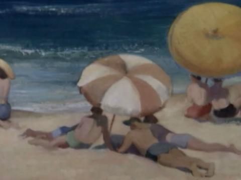 Screenshot of painting featured in documentary The Beach showing people with beach umbrellas sitting on sand near the water