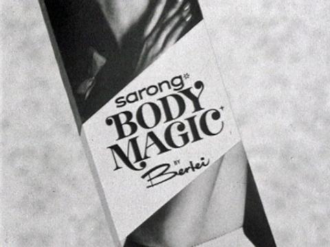 A black and white picture of packaging. It reads: 'Sarong Body Magic by Berlei'.