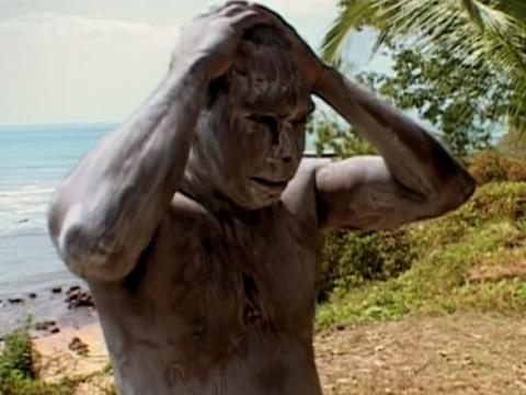 Aboriginal man with his face and body painted by the sea