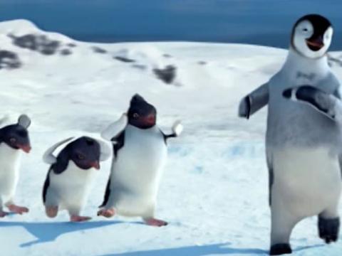 Animation image of dancing penguins in the snow