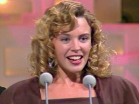 Head and shoulders shot of Kylie Minogue at the 1988 Logie Awards ceremony.