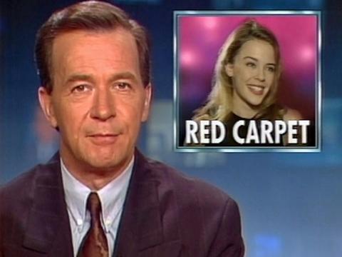 Image of a newsreader with an inset at the top right of screen with a picture of Kylie Minogue and the words 'Red Carpet' in it.