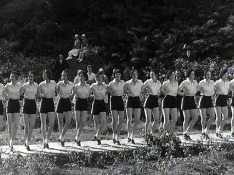 Black and white image of a chorus line of female dancers