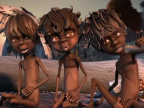 Animation still of three Indigenous children seated on the ground.