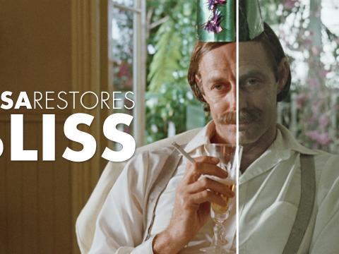 A still image from the film Bliss showing what it looked like before and after restoration