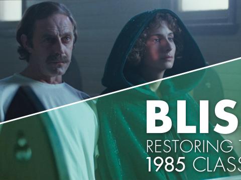 A split screen showing the film Bliss before and after restoration