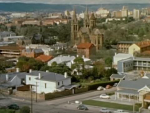 A still image of the city of Adelaide from the film Around Australia. Lifeline to Adelaide made in 1962
