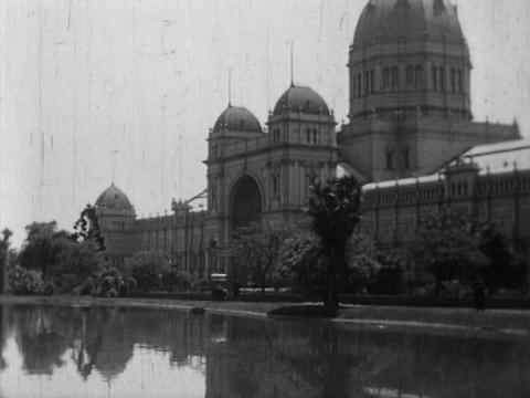Black and white still of the Exhibition Building in Carlton Gardens, Melbourne
