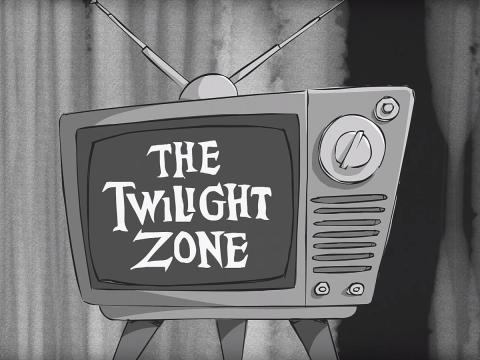 Screengrab of animated clip of Binny Lum interviewing Rod Serling, showing a television set with the words 'The Twilight Zone' on the screen.