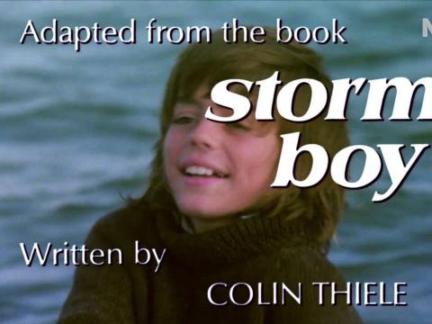 A still frame from the Storm Boy trailer showing Greg Rowe in the water, superimposed with text