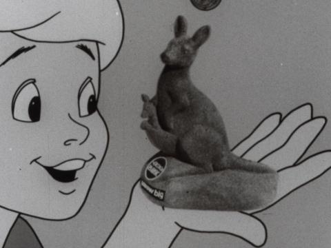 Cartoon boy holding a fur coated kangaroo moneybox