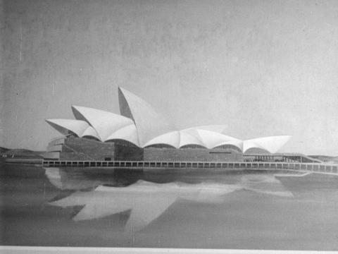 A black and white sketch of the design for the Sydney Opera House by Danish architect Jørn Utzon.