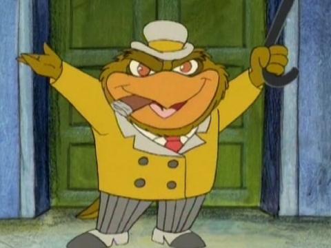 A cartoon kookaburra with suit, cigar, hat and walking stick raises his arms in the air.