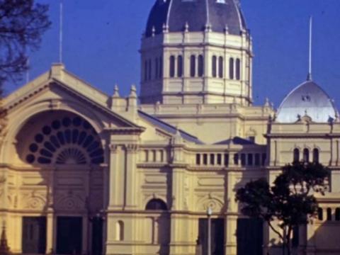 Melbourne's Royal Exhibition Building - a white building with a vaulted roof.