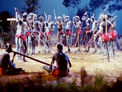 A group of Aboriginal performers. A group of dancers stand in a semi-circle.
