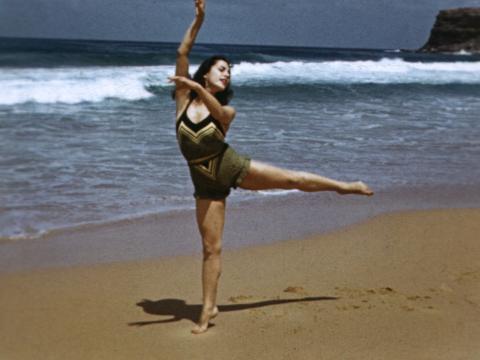 Ballet Russes dancer Tamara Toumanova posing on the sand at Bungan Beach, circa 1939.